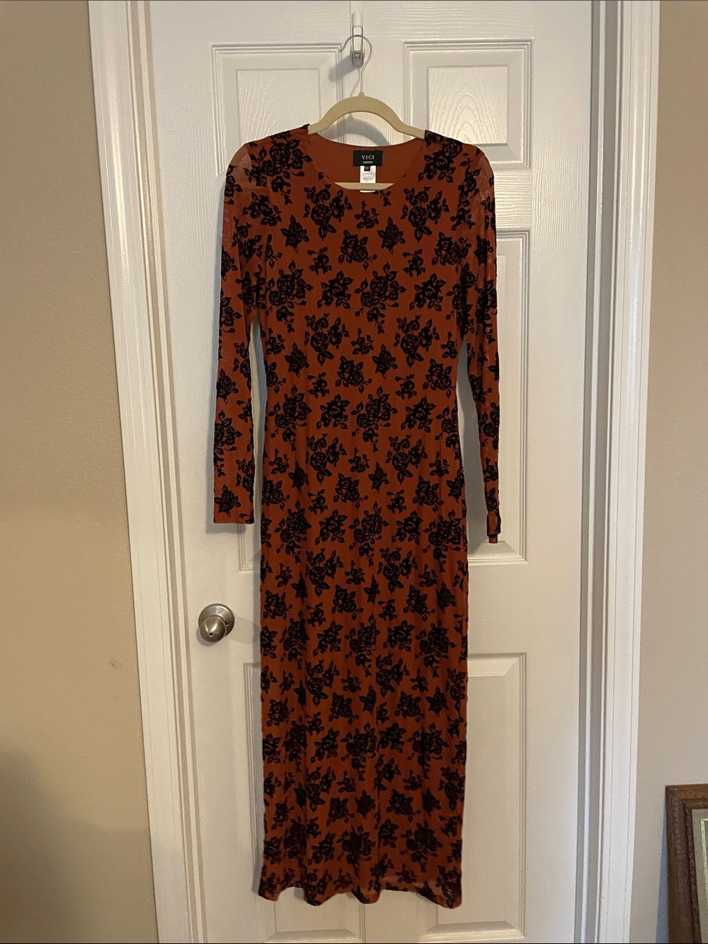 VICI Rust Long Sleeve Floral Maxi Dress with Black Print